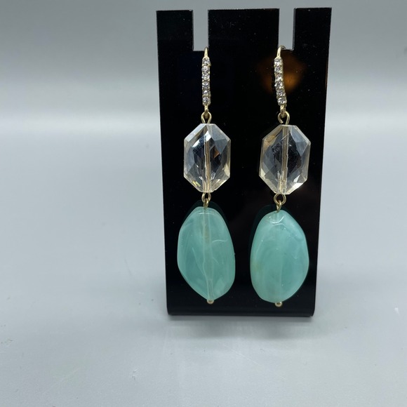 Jewelry - Gold Tone Seafoam Green and Clear Beaded Drop Earrings with Rhinestone Accents